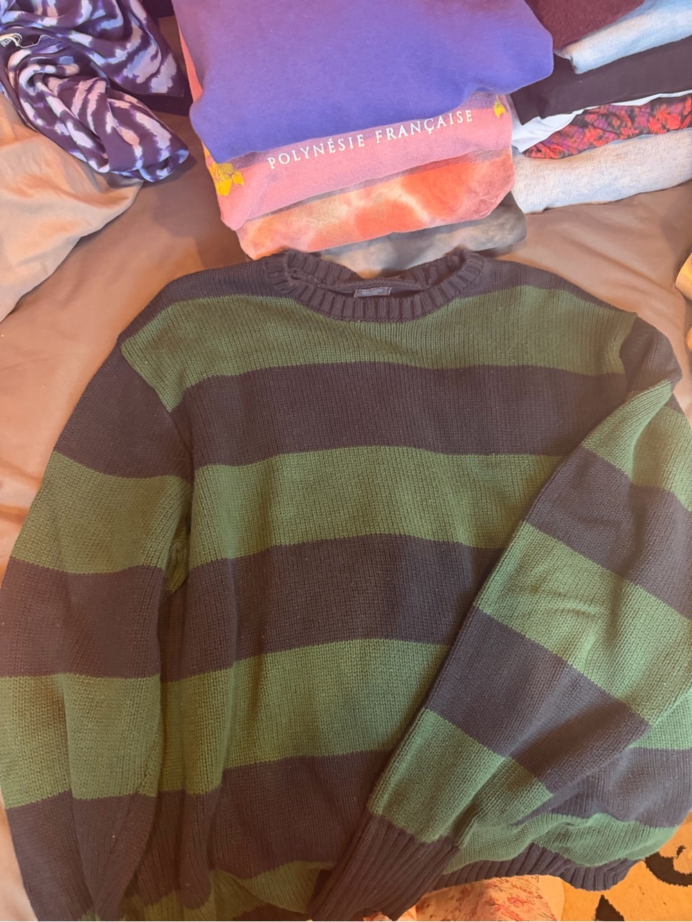 Brandy Melville Green and Black Striped Crewneck Sweater